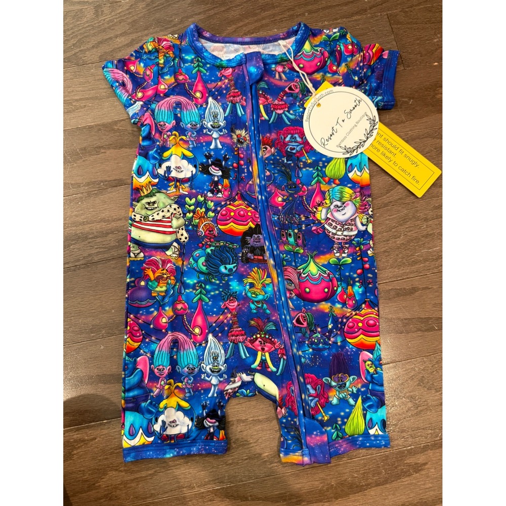 Resort To Smooth Trolls Bamboo Short Sleeve Zippy Shorty Blue Kids NWT
